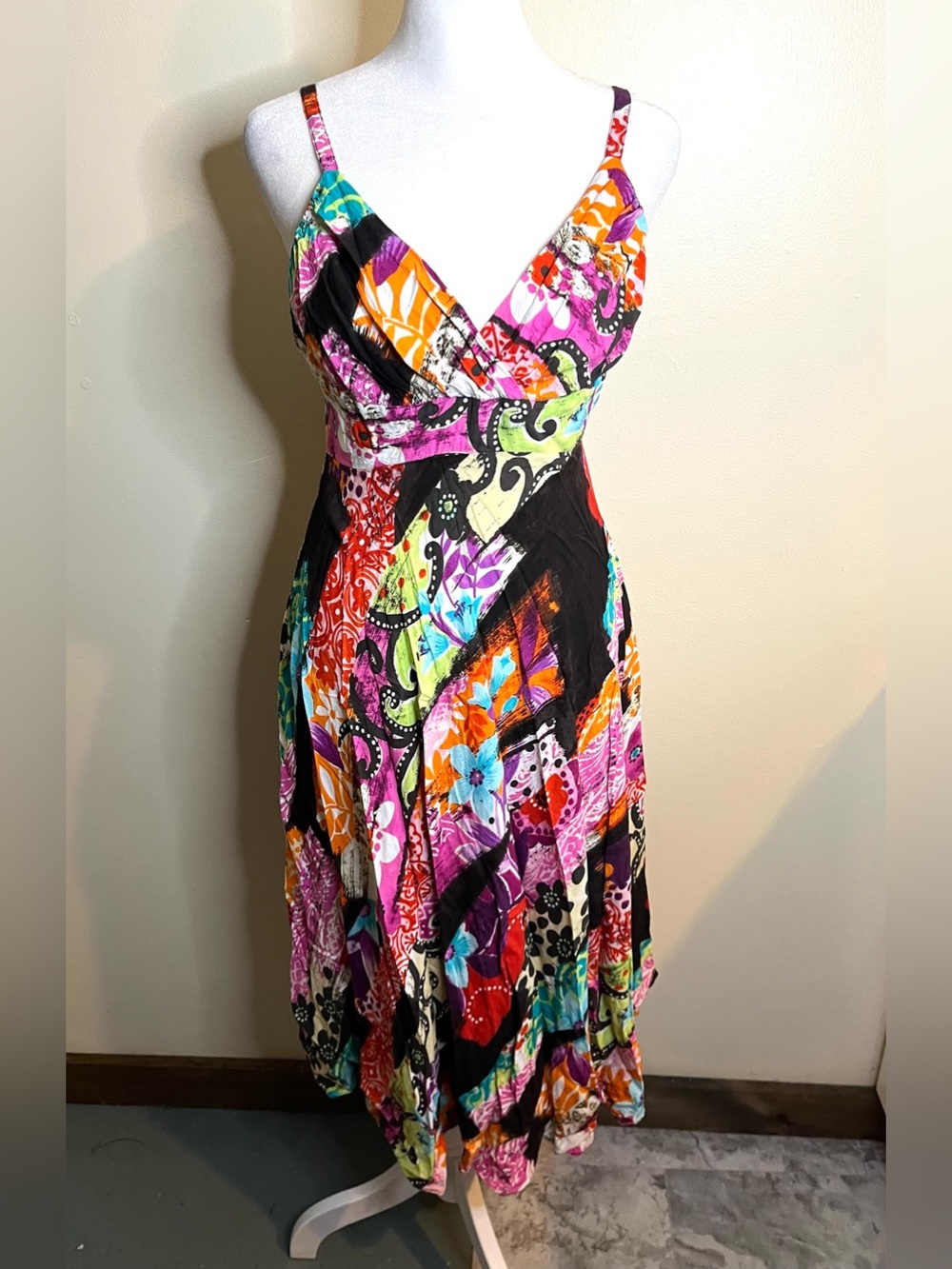 Jams World Colorful Floral Patchwork Spaghetti-Strap Dress - Pink & Black